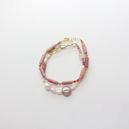 Baroque Freshwater Pearl Heart-Shaped Star Bracelet – White Jade, Strawberry Quartz & Red Agate Beaded Jewelry