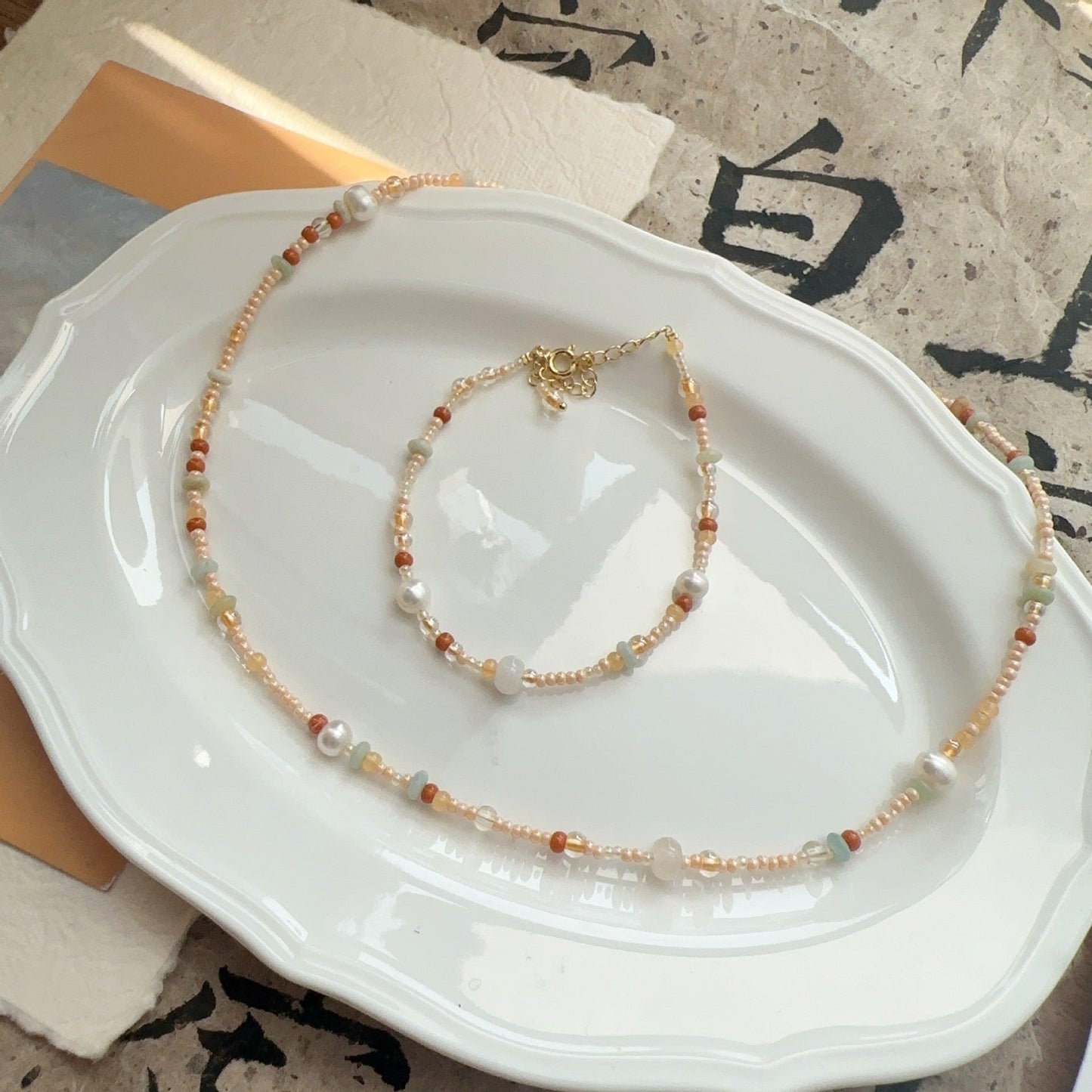 Gentle Vintage Style Freshwater Baroque Pearl & Amazonite Beaded Necklace, Bracelet & Choker Set