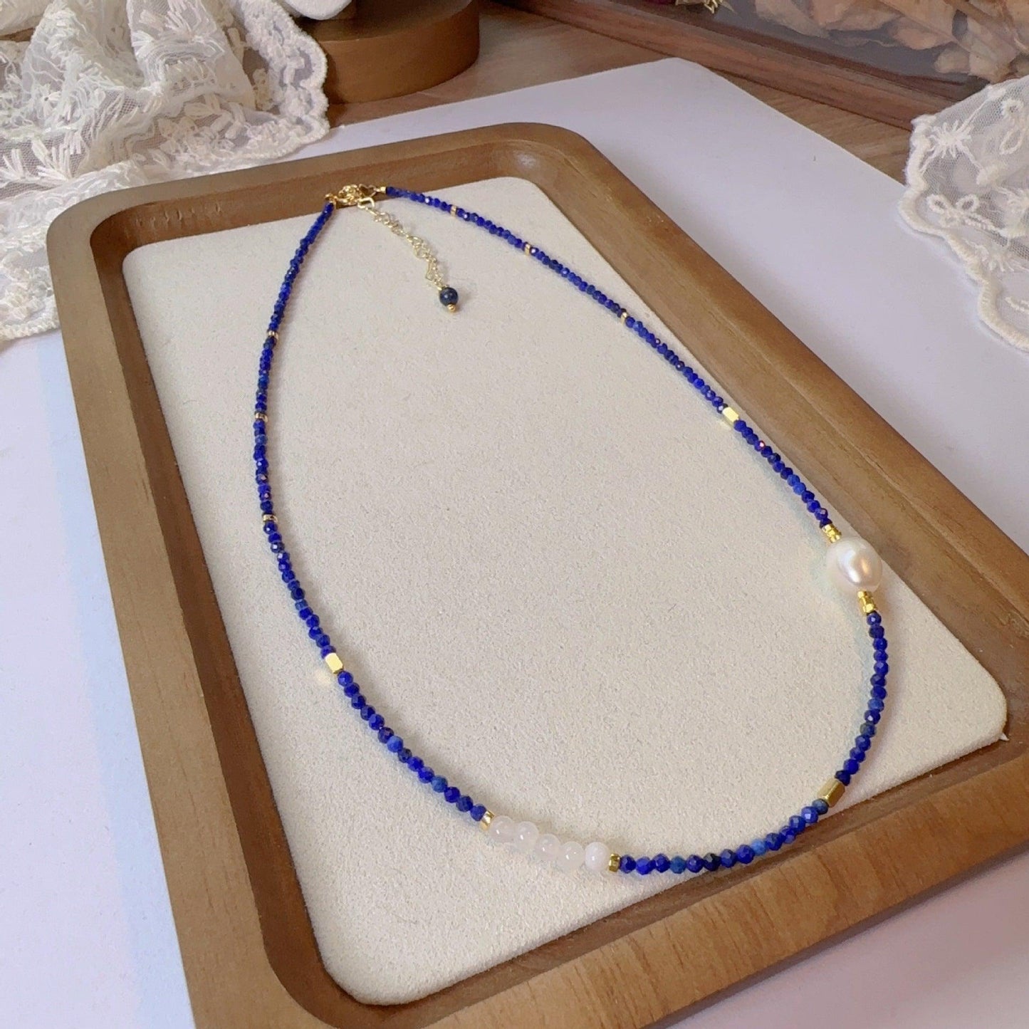 Lapis Lazuli Agate Pearl Dunhuang Natural Stone Beaded Necklace – Handmade Niche Ink-Wash Style Choker