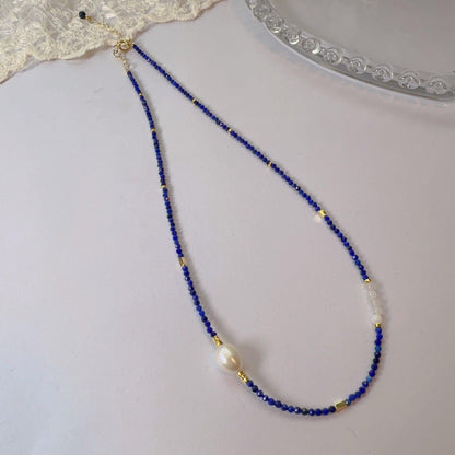 Lapis Lazuli Agate Pearl Dunhuang Natural Stone Beaded Necklace – Handmade Niche Ink-Wash Style Choker