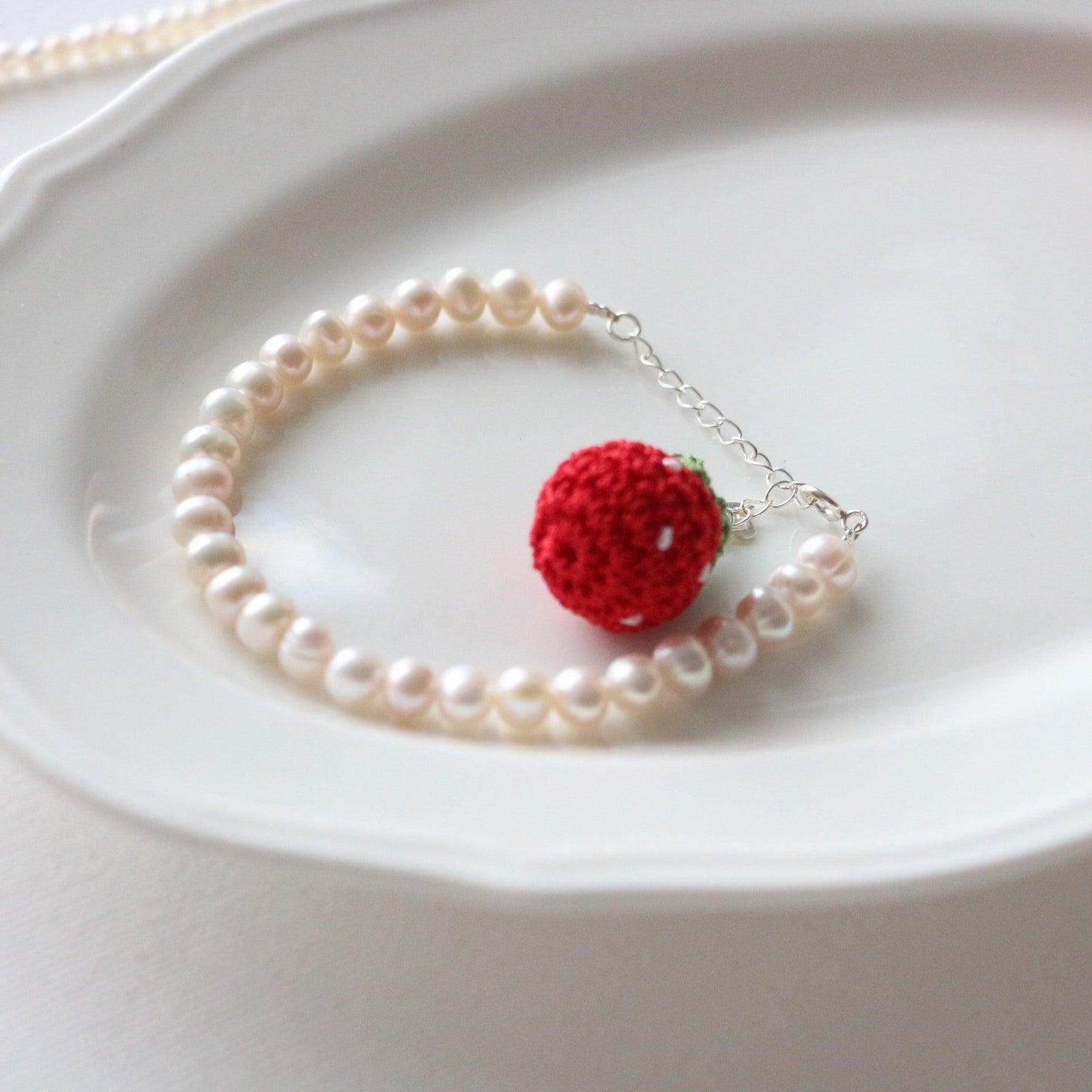 New 925 Silver Freshwater Pearl Necklace with Cute Red Strawberry Earrings and Sweet Bracelet