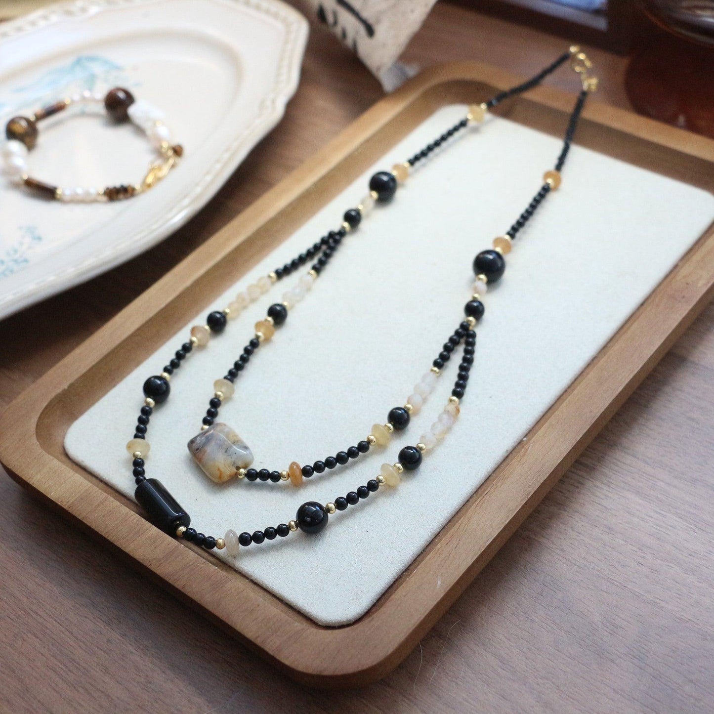 7A Grade Natural Black Onyx & Citrine Double Layer Beaded Necklace – Elegant Collarbone Chain Jewelry