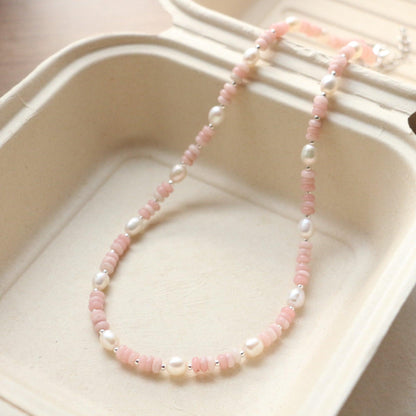 Niche Vintage Natural Stone Beaded Necklace – Handmade Pink Opal & Freshwater Pearls, Original Design