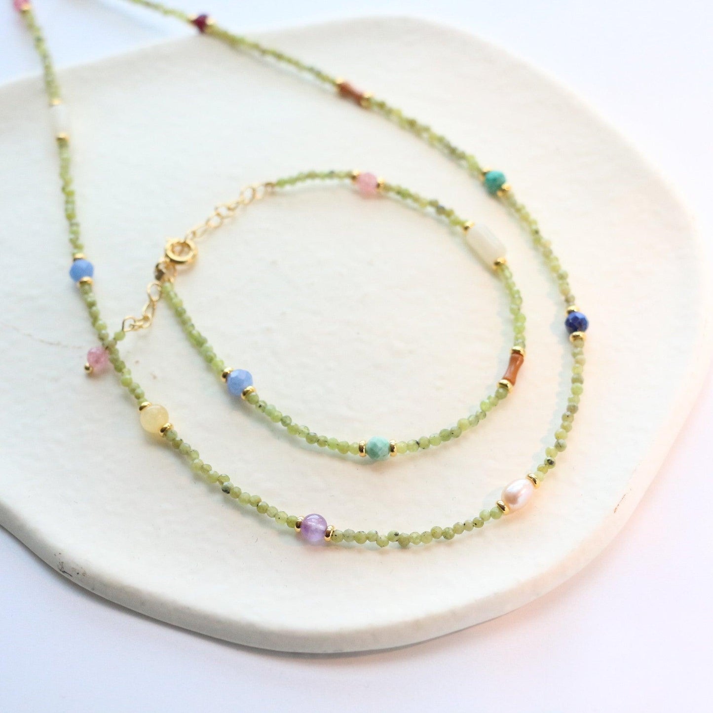 Unique Colorful Beaded Chain with Pink Tourmaline, White Jade, Purple Amethyst, and More