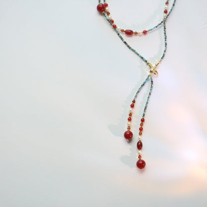 Dunhuang Hand-Beaded Natural Turquoise & Red Agate Necklace with Freshwater Pearl Sweater Chain