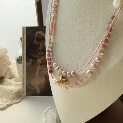 Pink Natural Stone & Freshwater Pearl Handmade Beaded Necklace – Sweet and Versatile Choker