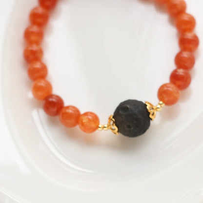 Handmade Black Obsidian Beaded Bracelet | Mystic Natural Stone Bead Jewelry in Orange & Black, Unisex Adjustable Design