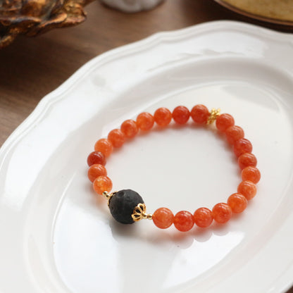 Handmade Black Obsidian Beaded Bracelet | Mystic Natural Stone Bead Jewelry in Orange & Black, Unisex Adjustable Design