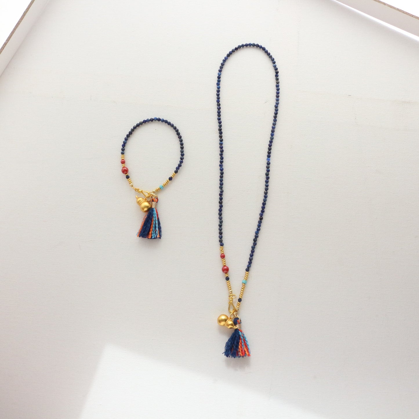 Vintage Lapis Lazuli String Minimalist Sand Gold Gourd Handmade Tassel Necklace