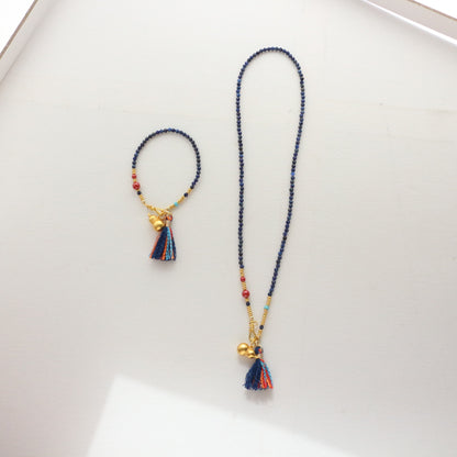 Vintage Lapis Lazuli String Minimalist Sand Gold Gourd Handmade Tassel Necklace