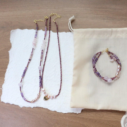 New Amethyst Lilac Stone Series Natural Bead Necklace, Bracelet & Wrist Mala Set