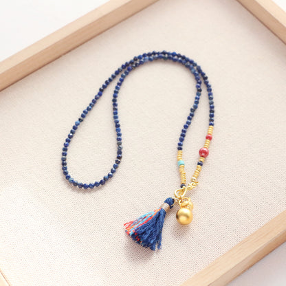 Vintage Lapis Lazuli String Minimalist Sand Gold Gourd Handmade Tassel Necklace