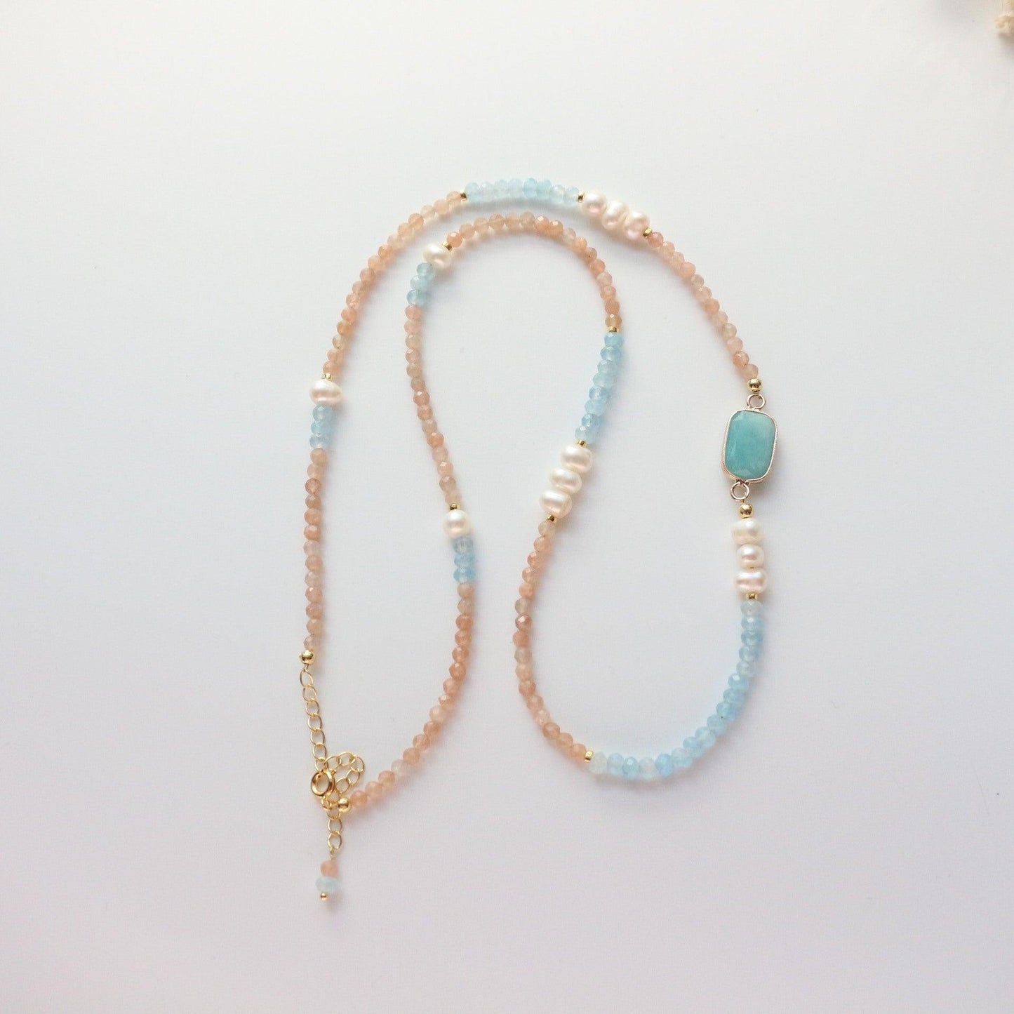 Natural Stone Aquamarine Sunstone Baroque Pearl Sweater Chain Personalized Original Design Beaded Necklace