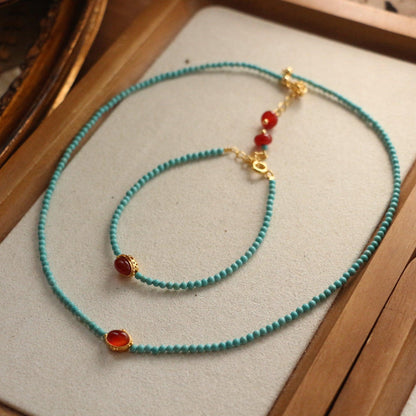 New Chinese Style Natural Turquoise Beaded Red Agate Necklace Bracelet Collarbone Chain