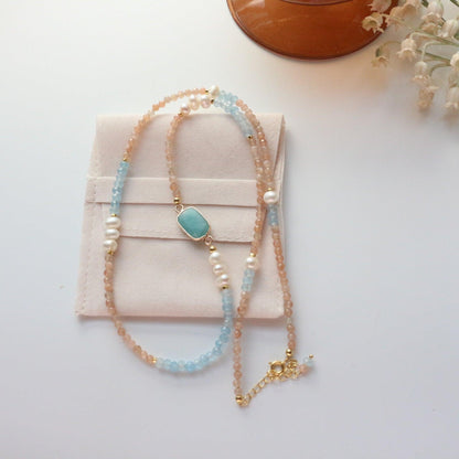 Natural Stone Aquamarine Sunstone Baroque Pearl Sweater Chain Personalized Original Design Beaded Necklace