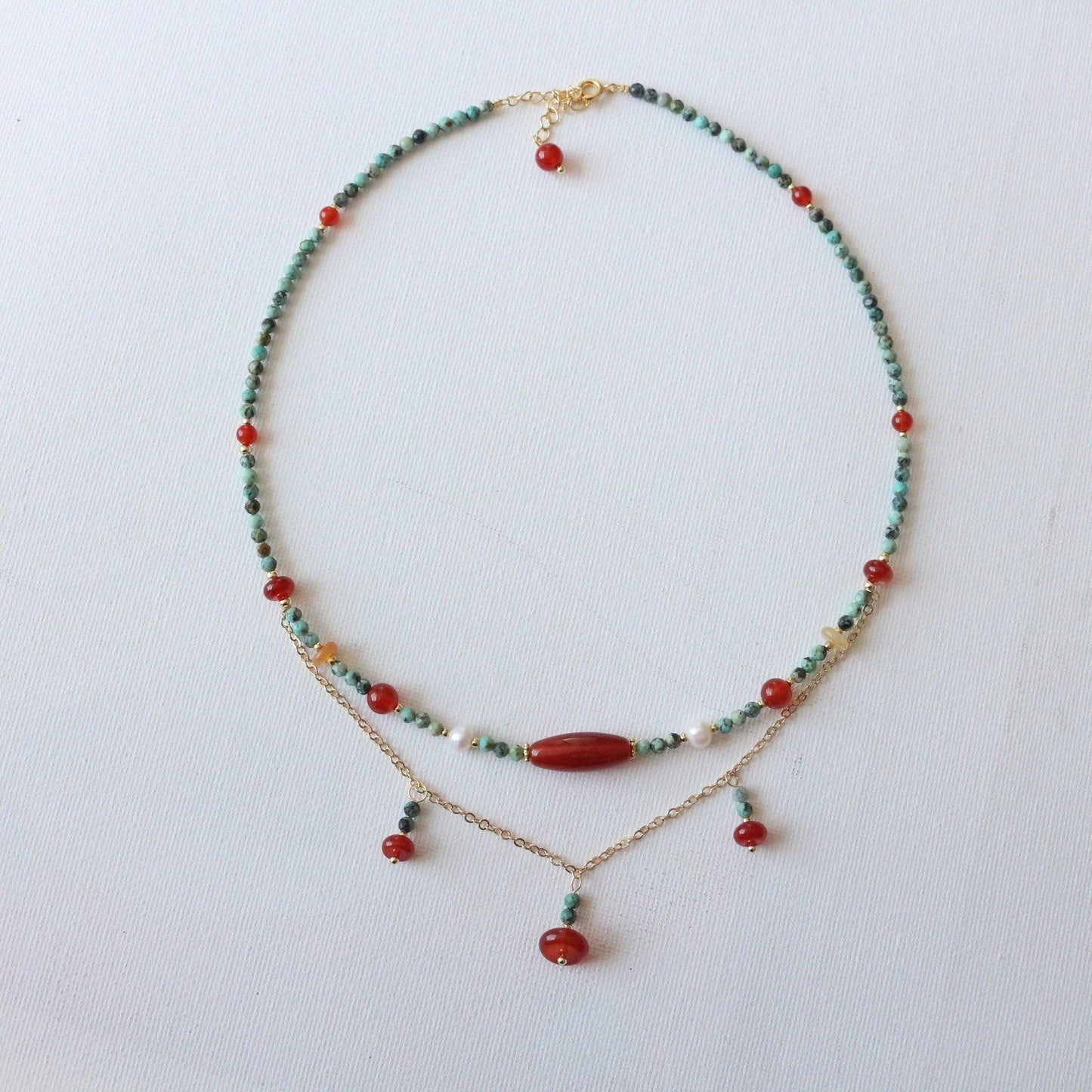 Dunhuang Necklace – Double Layer Vintage Agate & Raw Turquoise Beaded Long Ethnic Style