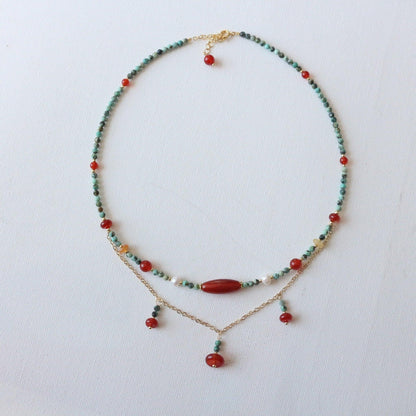 Dunhuang Necklace – Double Layer Vintage Agate & Raw Turquoise Beaded Long Ethnic Style