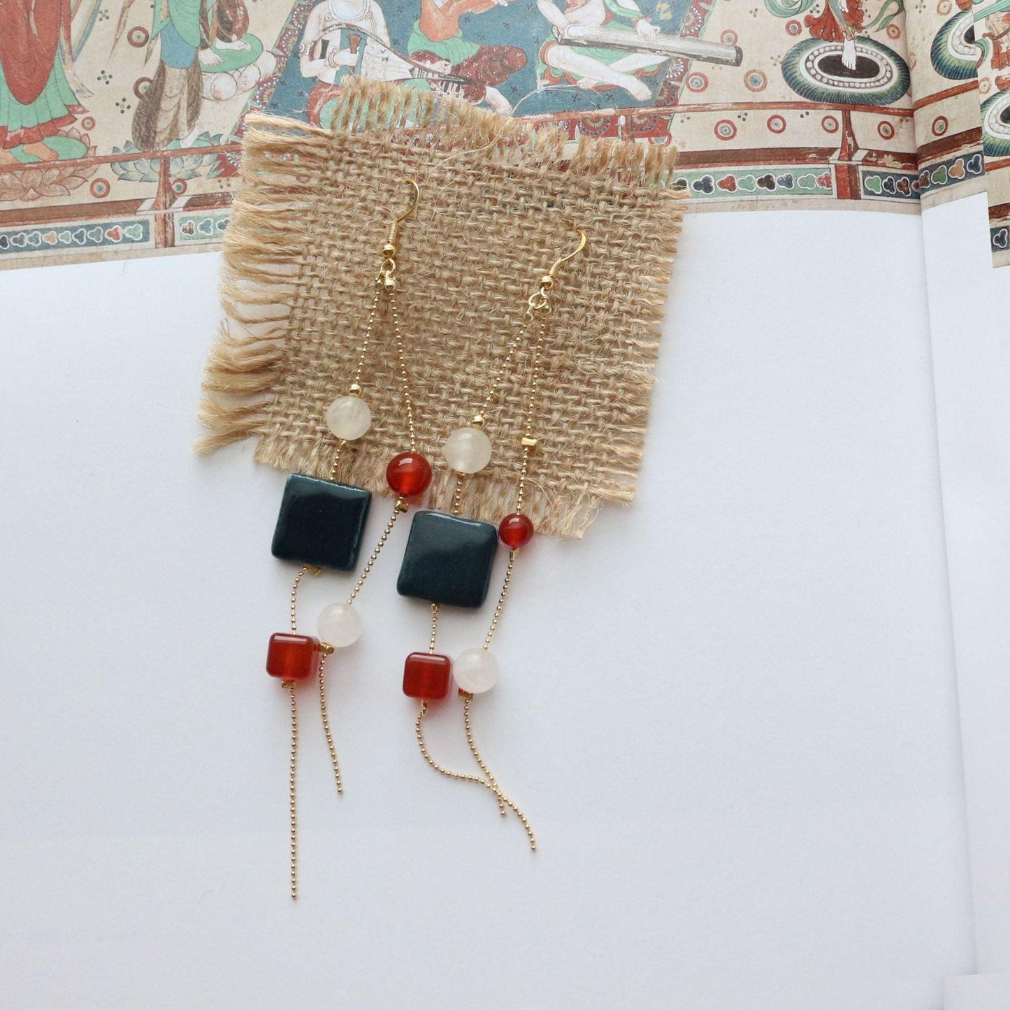 Elegant Blue Ceramic Beads with 7A Grade Red Agate and White Jade Long Tassel Vintage Earrings