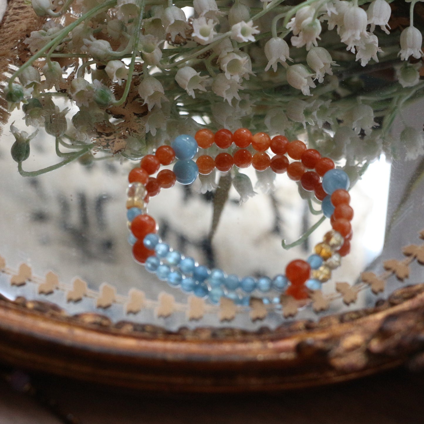 Kids Aquamarine Beaded Bracelet - Vibrant Candy Color Orange & Blue Natural Stone Adjustable Jewelry