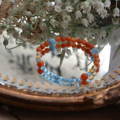 Kids Aquamarine Beaded Bracelet - Vibrant Candy Color Orange & Blue Natural Stone Adjustable Jewelry