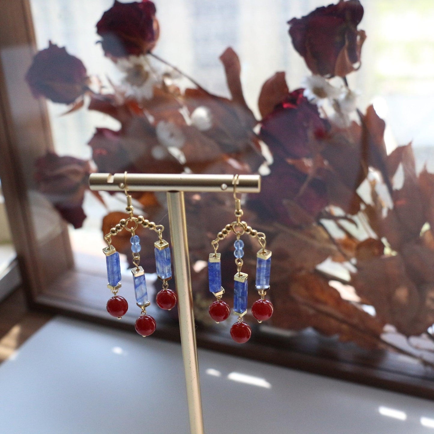 Elegant Dunhuang-Style Blue & Red Natural Stone Beaded Hook Earrings