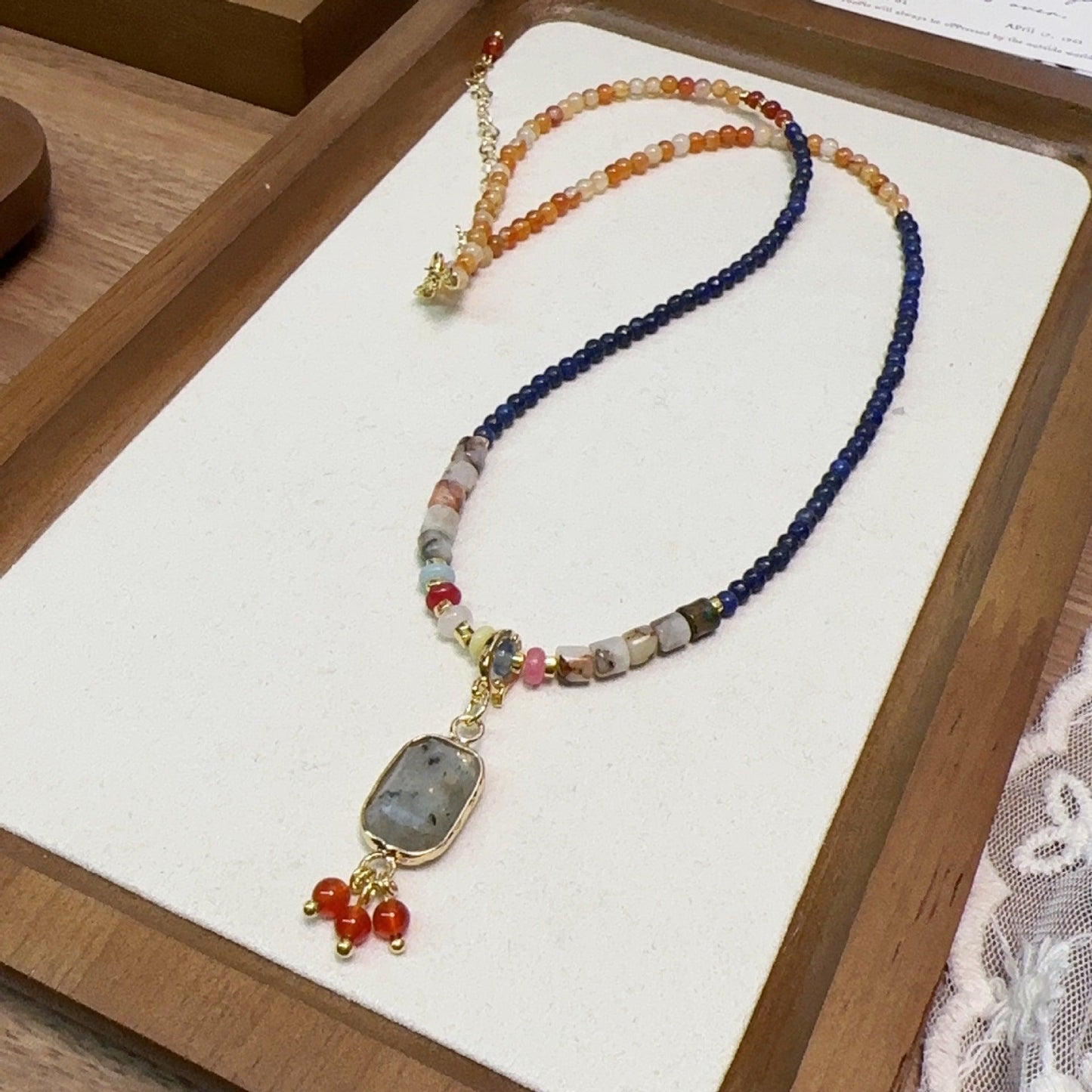 Lapis Lazuli & Agate Dunhuang-Inspired Natural Stone Beaded Necklace with Glitter Stone Pendant – Exotic Jewelry