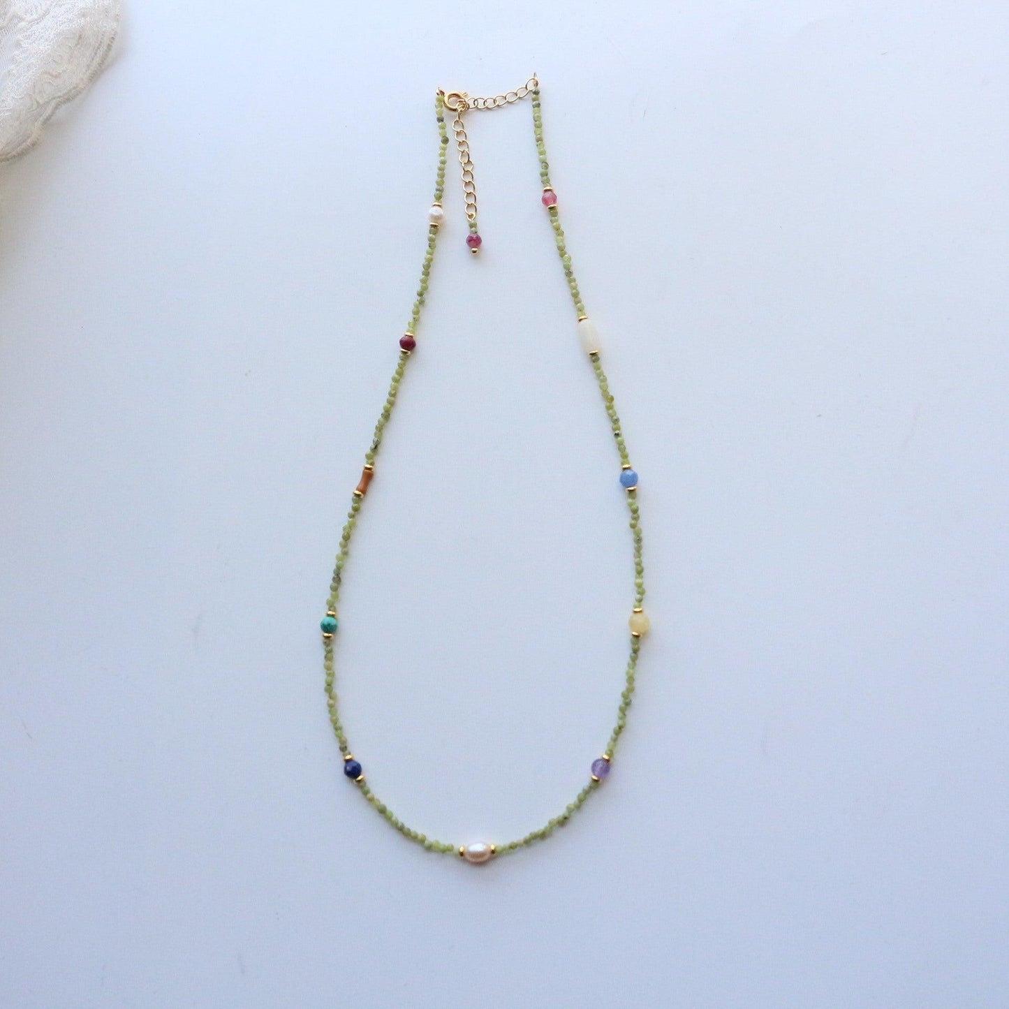 Unique Colorful Beaded Chain with Pink Tourmaline, White Jade, Purple Amethyst, and More