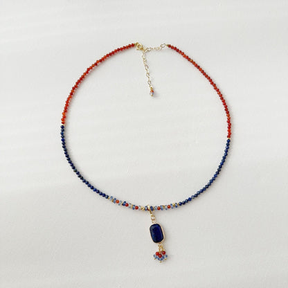 Dunhuang Color Natural Stone Beaded Necklace - Handmade Unique Blue and Orange