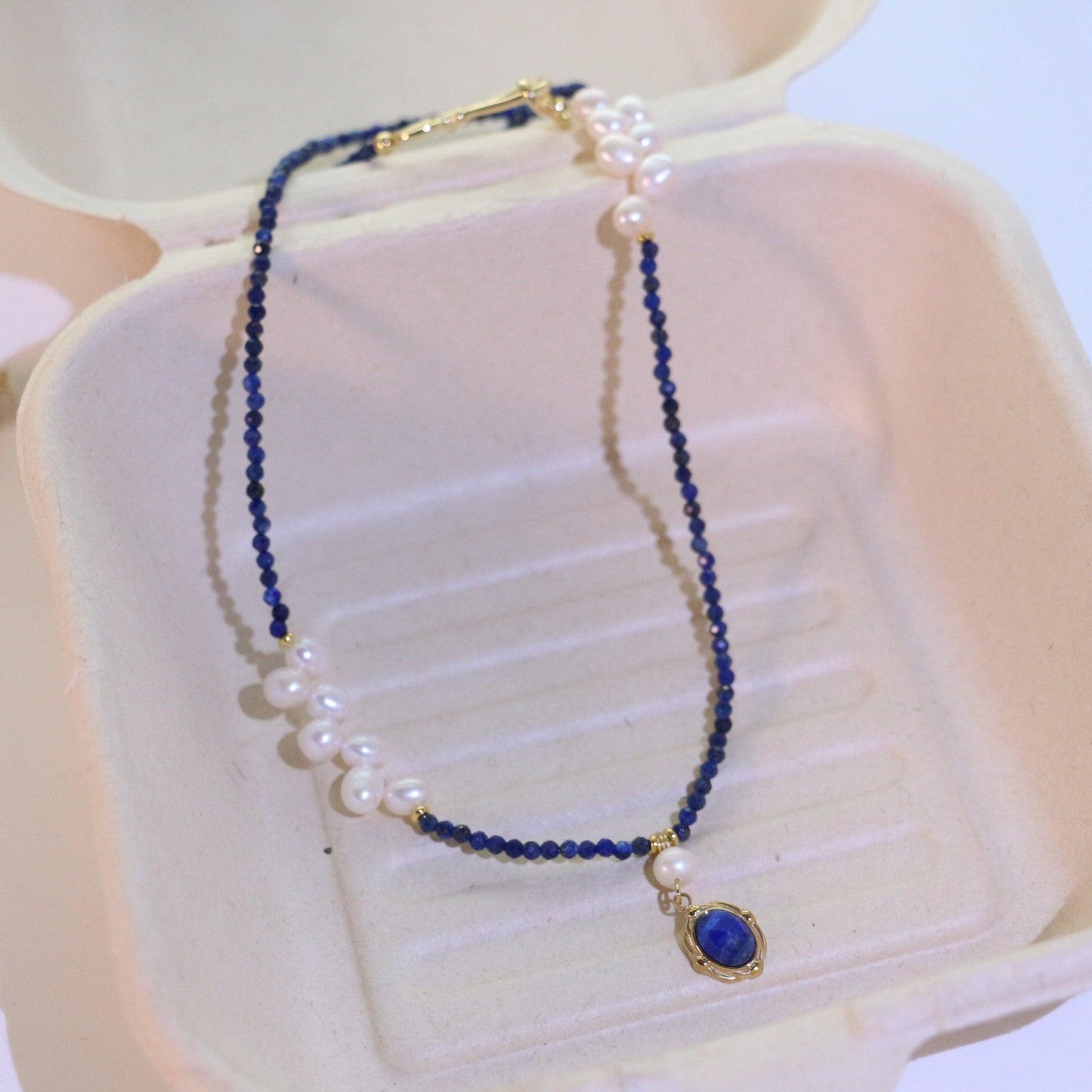 Lapis Lazuli Natural Freshwater Pearl Necklace with Petal Bead Pendant – Creative Fashion Long Chain Bracelet