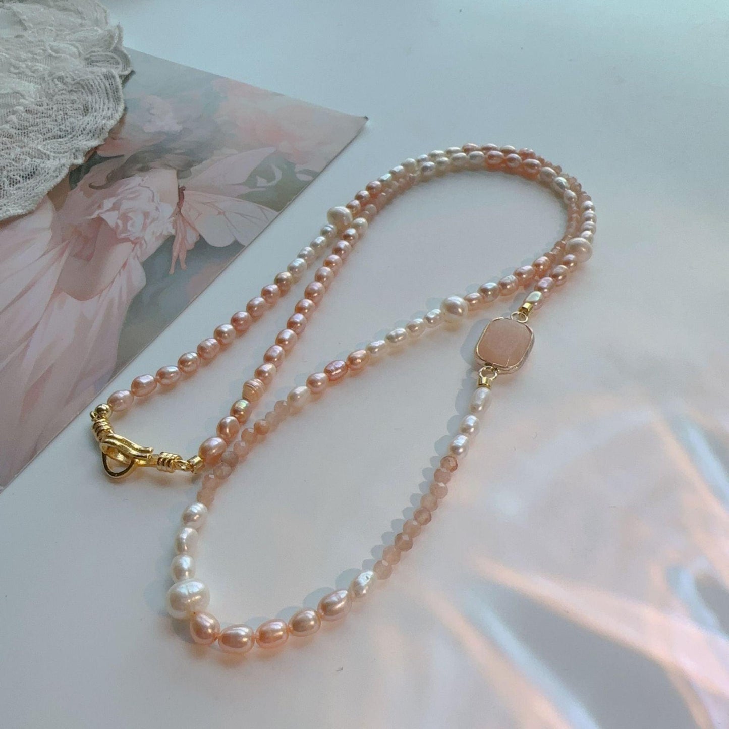 Handmade Cherry Blossom Pink Pearl Jewelry | Natural Stone Beaded Necklace