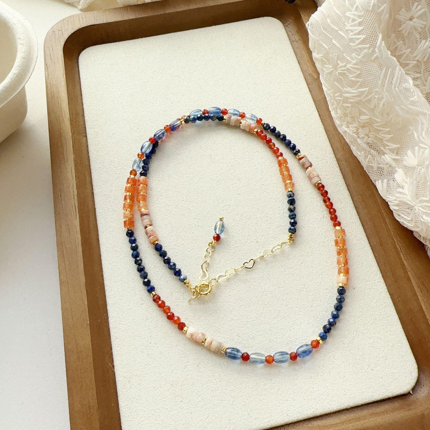 Lapis Lazuli Dunhuang Ink Theme Blue & Orange Mixed Natural Stone Beads Handmade Necklace