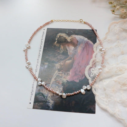 Niche Vintage Natural Stone Baroque Pink and Purple Pearl Beaded Necklace Collar Chain Necklace