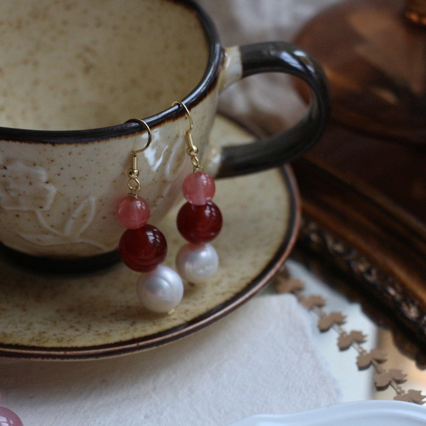 Freshwater Natural Pearl Ear Hooks | Minimalist Red Agate Handmade Earrings