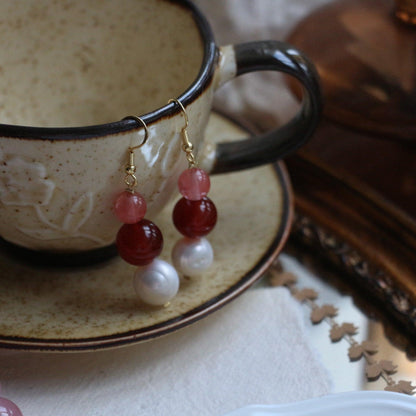 Freshwater Natural Pearl Ear Hooks | Minimalist Red Agate Handmade Earrings