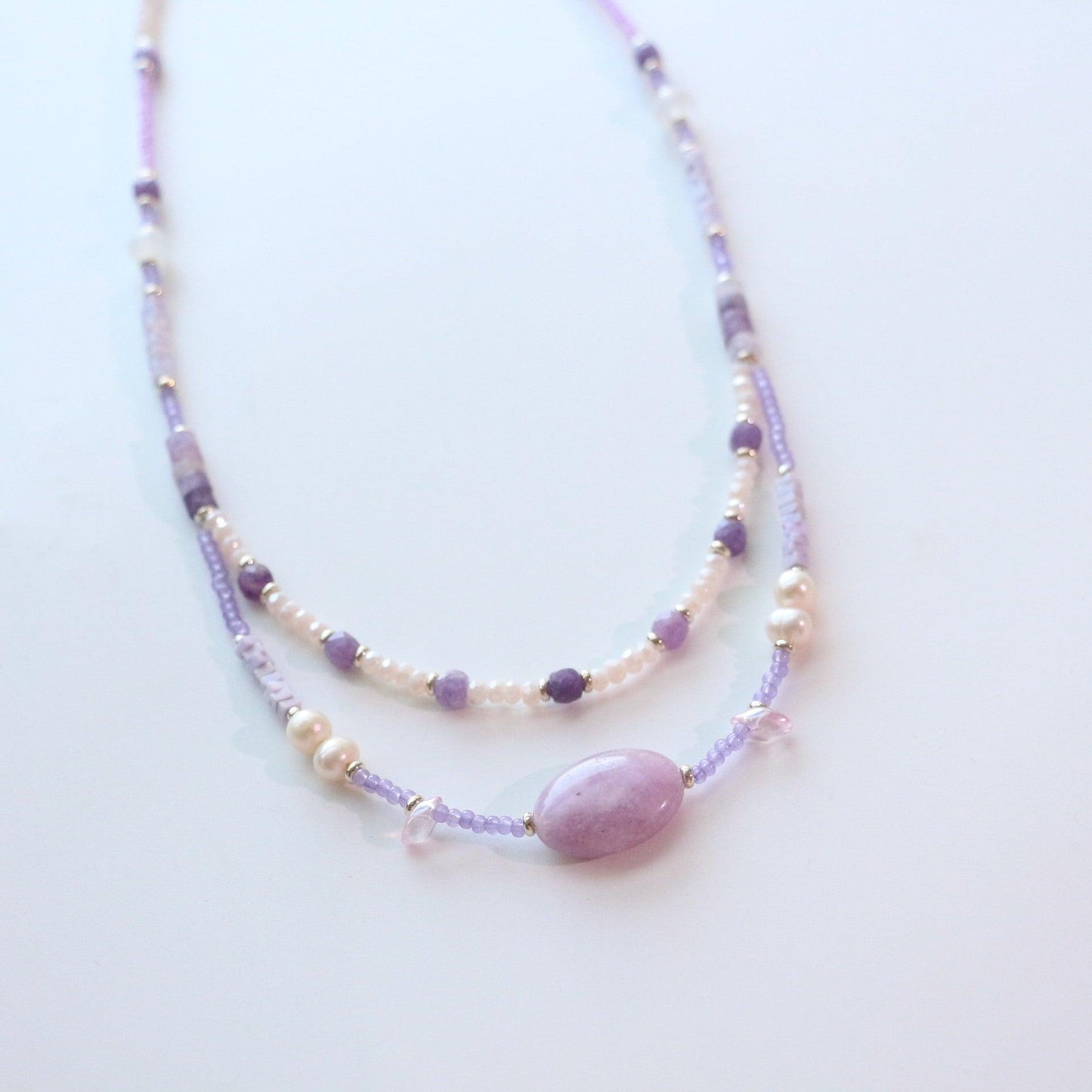 Purple Crystal Jade Agate Natural Stone Necklace – Handmade Beaded Double Layer Necklace with Pearl, Sweater Chain & Collarbone Chain