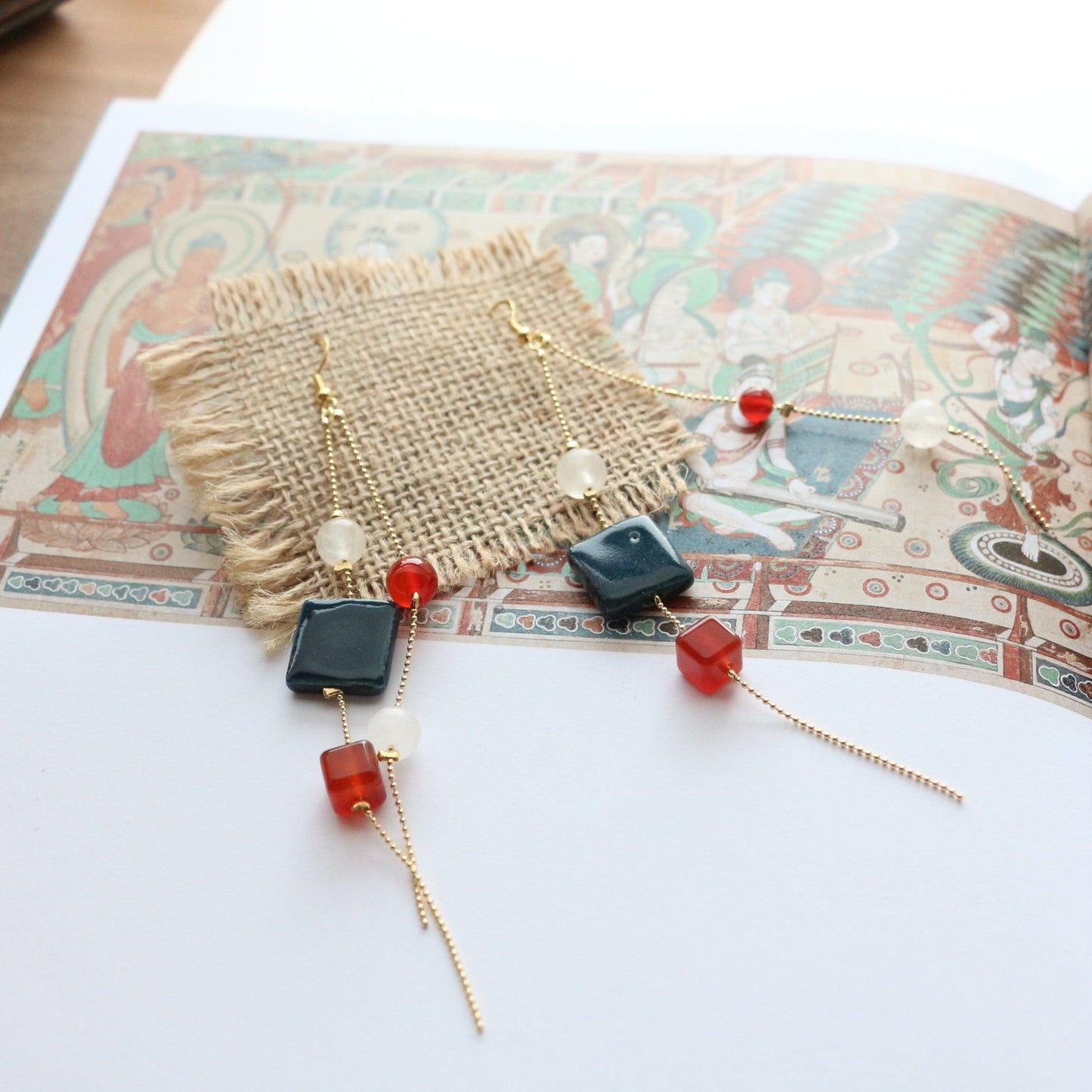 Elegant Blue Ceramic Beads with 7A Grade Red Agate and White Jade Long Tassel Vintage Earrings