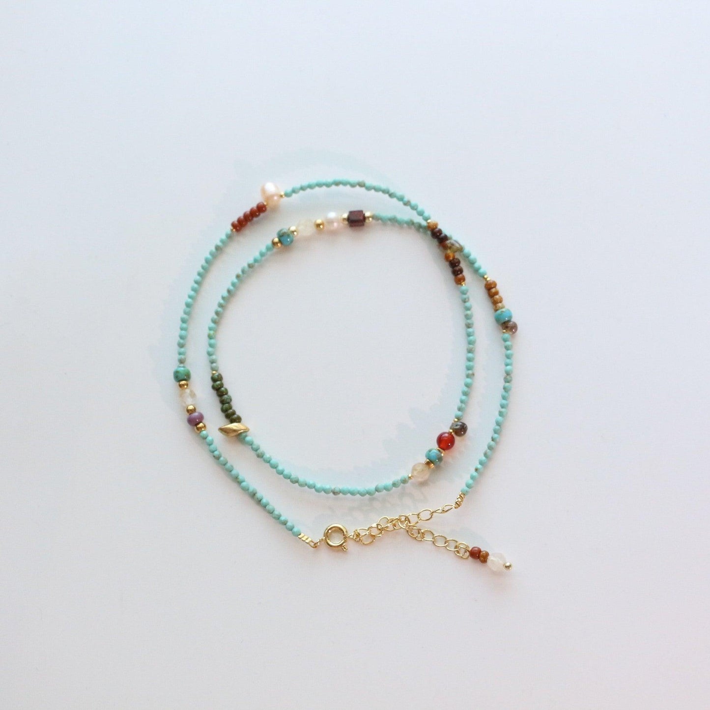 Yellow Crystal & Green Turquoise Beaded Necklace with Red Agate, Czech Beads & Freshwater Baroque Pearl Bracelet