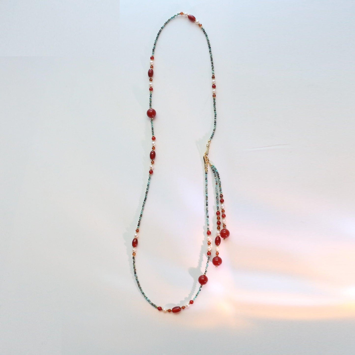 Dunhuang Hand-Beaded Natural Turquoise & Red Agate Necklace with Freshwater Pearl Sweater Chain