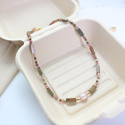 New Pearl Natural Stone Red Agate New Chinese Style Pink Pendant Short Necklace Creative Handmade Beaded Neck Chain