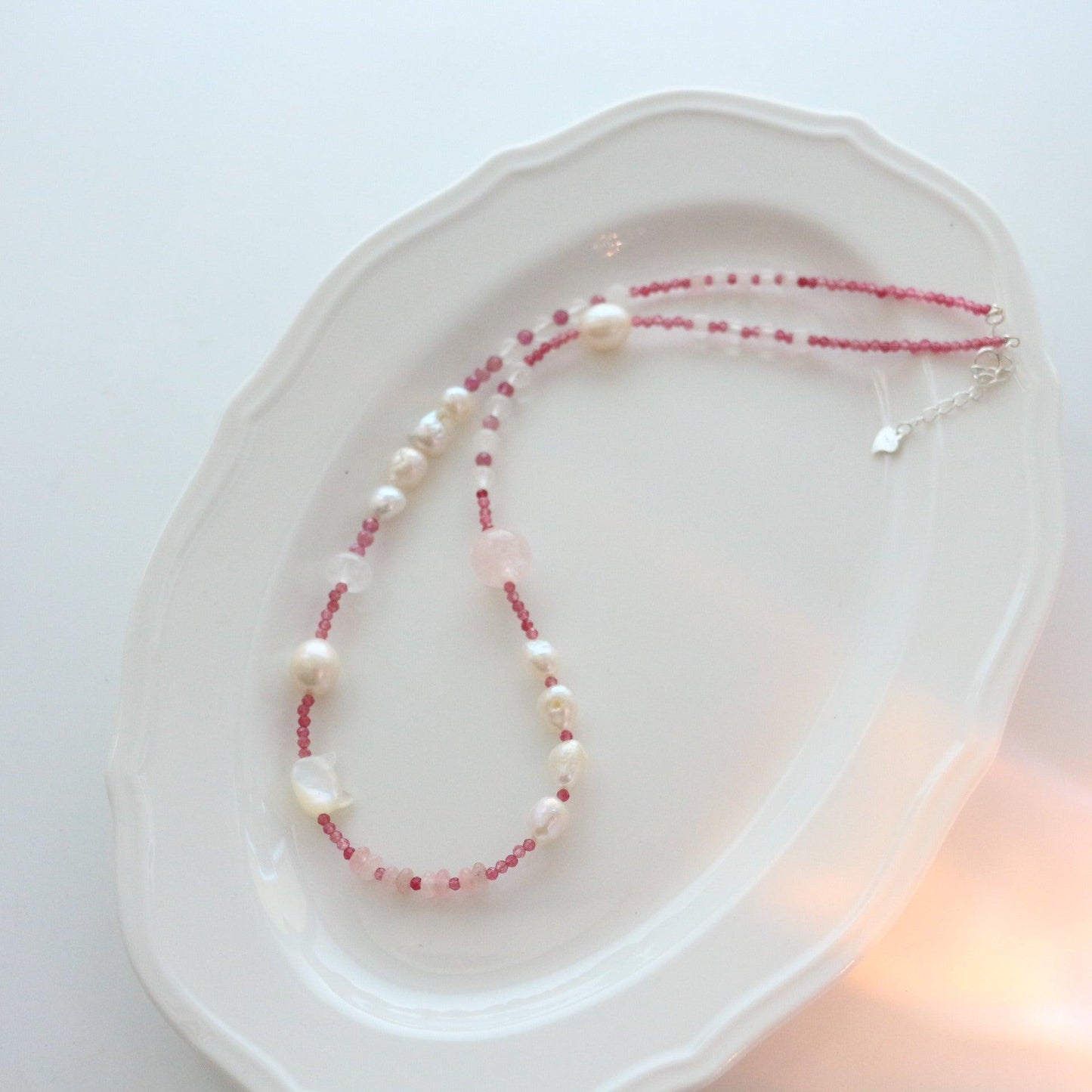 New Natural Freshwater Pearl Necklace with 925 Silver Cat, Shell Powder, Tourmaline, and White Crystal Beads – Double Layered