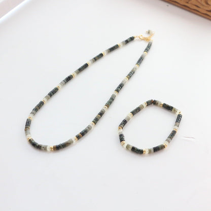 Black Myth Gradation Natural Stone Bead Necklace & Bracelet Set – Minimalist Collarbone Chain Accessories