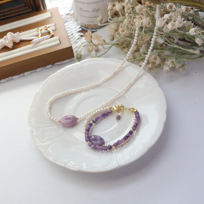 Unique Vintage Natural Stone Purple Lilac Beaded Necklace