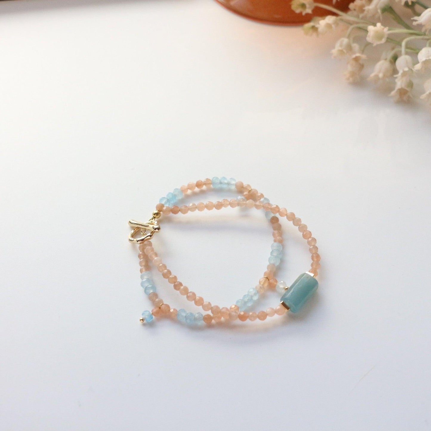 Aquamarine Blue Calcite & Sunstone Double Layers Necklace & Bracelet – Natural Stone Beaded Jewelry