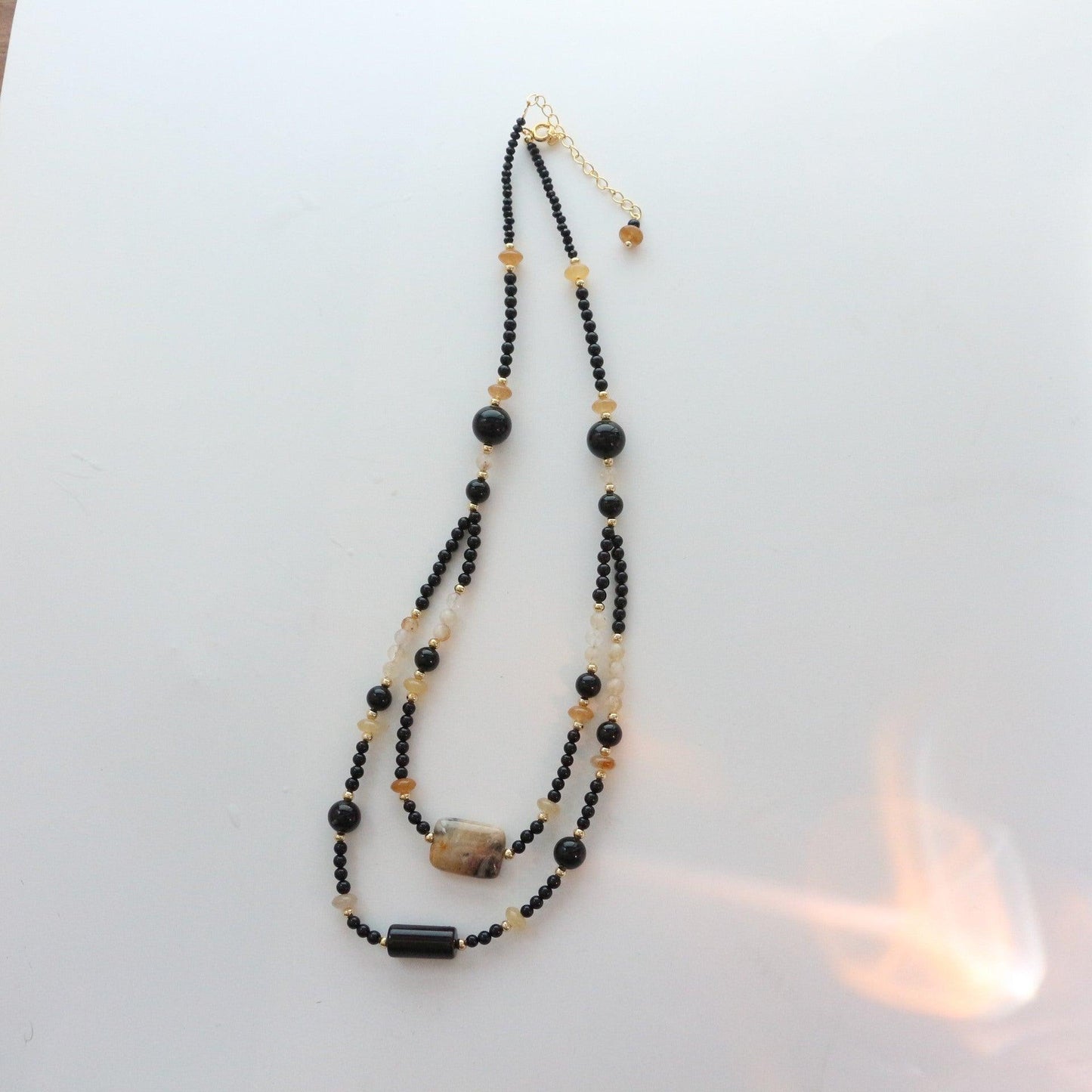 7A Grade Natural Black Onyx & Citrine Double Layer Beaded Necklace – Elegant Collarbone Chain Jewelry