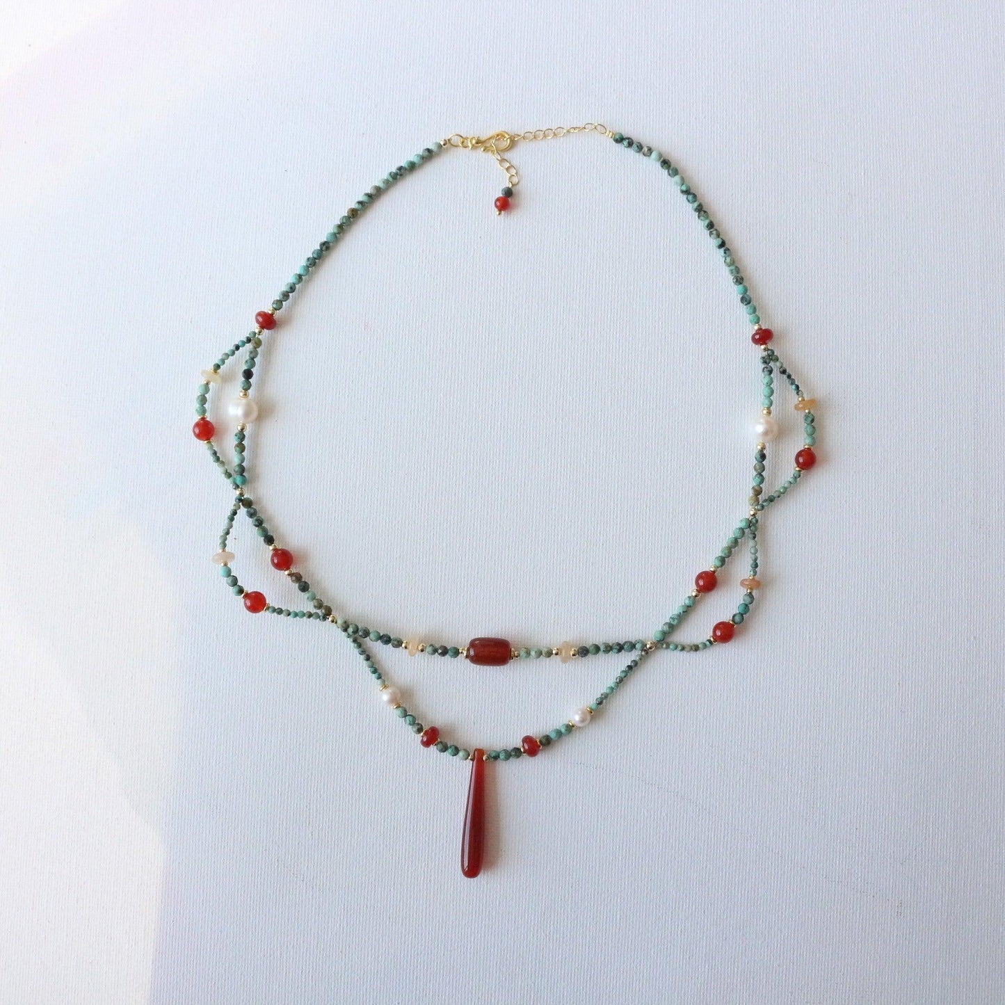 Dunhuang Necklace – Double Layer Vintage Agate & Raw Turquoise Beaded Long Ethnic Style