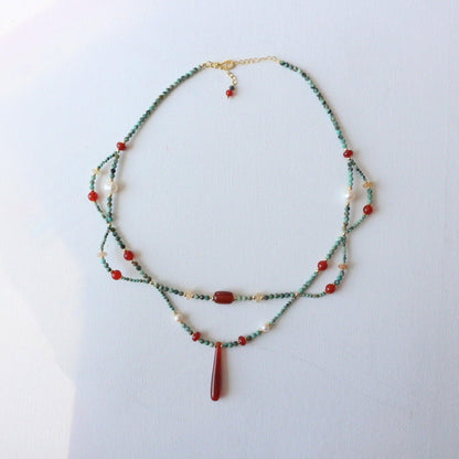 Dunhuang Necklace – Double Layer Vintage Agate & Raw Turquoise Beaded Long Ethnic Style