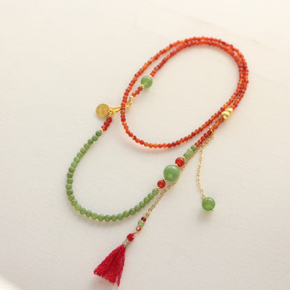 Beaded Necklace with Contrasting Red Agate and Green Chalcedony Tassels - Fringed Lapel Necklace