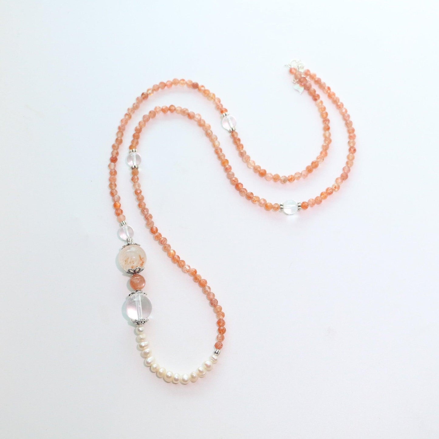 Vintage Natural Sunstone & White Crystal Beaded Necklace – S925 Sterling Silver, Freshwater Pearls, Long Sweater Chain