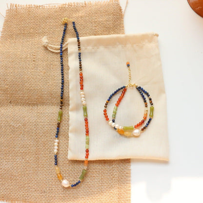 Rustic Colorful Natural Stone Beaded Necklace & Double Layer Bracelet – Unique Boho Style Jewelry