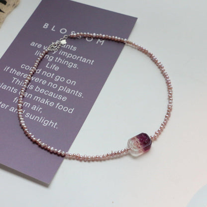 925 Silver Light Luxury Natural Purple-Pink Pearl Necklace with Iridescent Fluorite Floral Pendant